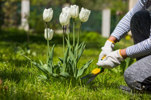 Gardener in Fulham front garden preparing tools