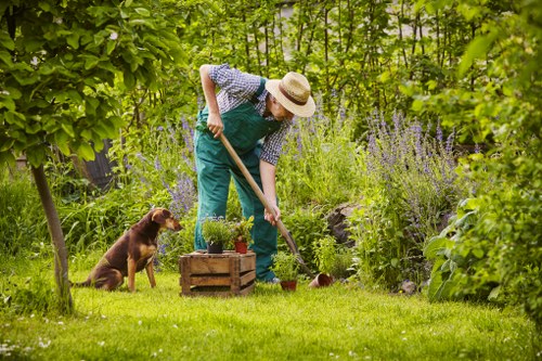 Illustration of a gardener in Fulham next to website cookies icon